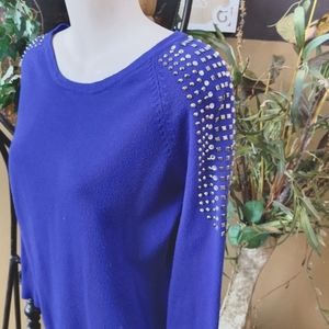 Vila Milani Studded Sweater Blue Crystal Beaded Shoulder Wool Blend M